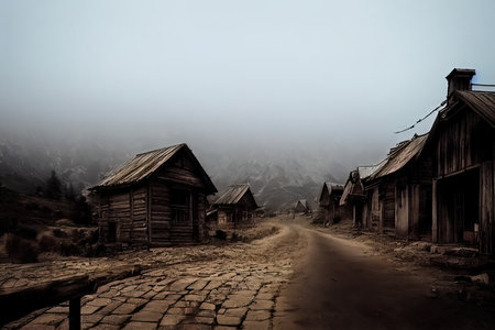 3D concept art featuring an abandoned, ghost village with wooden houses in empty street among mountains. Spooky landscape with fog and dark atmosphere. Lonely cabins in rural mysterious illustrationの素材