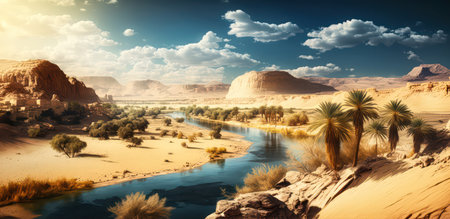 A desert landscape with a river running through it. Nile river flowing thorough an Egyptian landscape. Panoramic desert illustration featuring Nile river in African desert. generative aiの素材