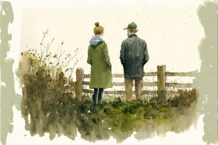 Two jealous people looking over fence, with one side being lush and green and the other being dry. Recreation of the proverb "The grass is always greener on the other side" artwork.  generative aiの素材