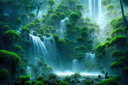 3d render fantasy illustration of ancient secret woods. Thick green vegetation with streams of waterfalls falling from hills. Elven woods with lush jungle interior magical landscape wallpaper artwork.の素材
