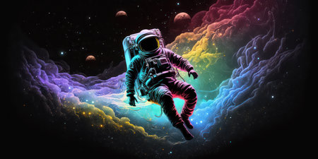 An astronaut wearing a space suit floating in space. Abstract graphic illustration featuring a cosmonaut lost among a colourful universe . sitting on the cosmic cloudscape. generative aiの素材