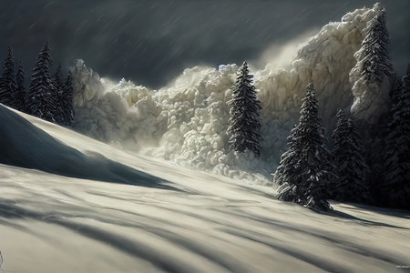 Cinematic illustration featuring a snow avalanche speeding down a slope of a mountain. Powerful and destructive snow slip, demolishing nature and trees in its way. Dramatic and scary natural occurenceの素材