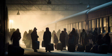 Crowded Soviet-era train station in cold winter night. Dimly lit waiting area, people in warm clothes, carrying bags. Vintage railway station in the nighttime. Dreary atmosphere. generative aiの素材