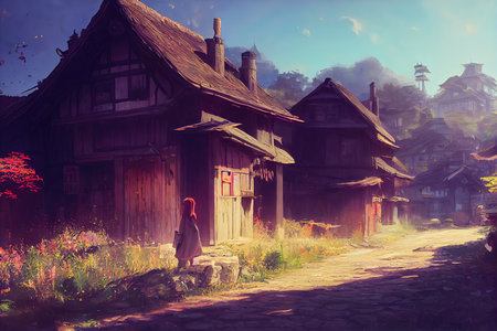 Traditional asian wooden houses in a rural Japanese town. Asian architecture in a manga style pastoral illustration Dreamy morning in an anime aesthetic artwork.の素材