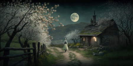 Illustration of a rural setting, featuring a romantic walk through a village at night, with a girl in a dress walking during a full moon. The scene depicts spring in a village. generative aiの素材