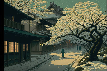Peaceful digital illustration of a traditional Japanese street. Blossoming white cherry trees,  traditional Japanese-style buildings, with distinctive curved roofs and sliding doors. generative aiの素材