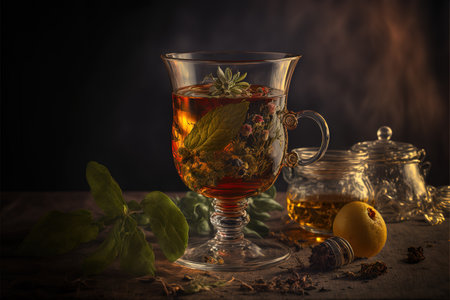 Glass filled with flavourful herbal tea. Herbs and leaves in transparent mug of hot beverage. Refreshing herbal infusion in teacup with natural tea leaves. Healthy remedy drink. generative ai.の素材