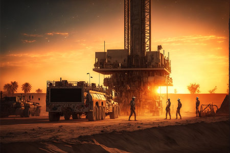 A drilling rig in an oil field with workers in the background at sunset. Oil industry workers on a drilling site next to a drilling rig at golden hour. generative aiの素材