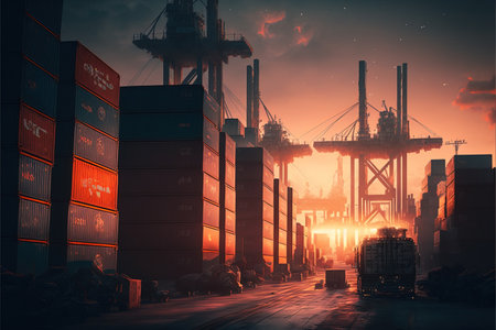 A busy shipping yard with containers stacked on top of each other at sunset. Dockyard full of large shipping containers. Freight transportation and international global shipping. generative aiの素材