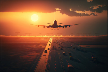 A plane landing at sunset. Aircraft descending over a road towards an airport runway at golden hour. Silhouette of a plane in a cinematic illustration. generative aiの素材