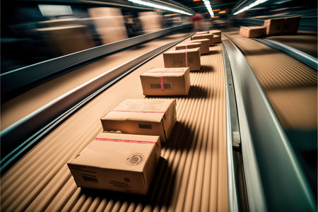Cardboard boxes transported on a conveyor belt in a packaging facility. Goods on a conveyor system traveling within a packaging factory. generative aiの素材