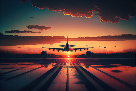 A view of an airport runway with a plane taking off at an orange sunset. An aircraft ascending from the runway. Aviation transport illustration. generative aiの素材