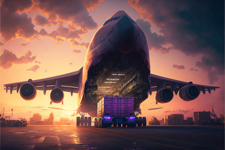A large cargo plane being loaded with containers at sunset. Wide open freight room ready for loading onto the aircraft. Cinematic cargo plane illustration. generative aiの素材