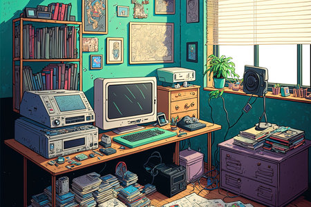 Nostalgic interior of a retro 1990's messy teenager's room drawn in anime style. Manga cartoon aesthetic featuring inside of a vintage bedroom of a young person. A computer desk with posters on walls.の素材