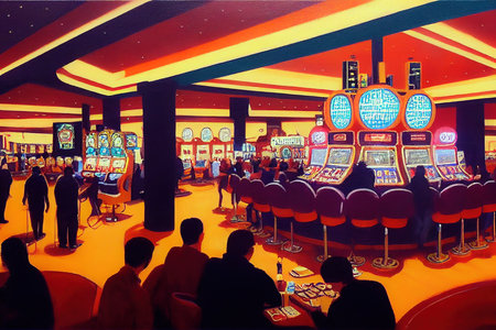 Digital painting featuring the inside of a casino with silhouettes of figures at the tables. Slot machines and a retro vintage casino interior. Wallpaper background featuring Las Vegasの素材