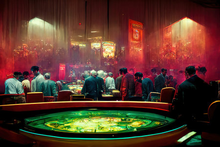 Asian themed casino background illustration featuring people around the roulette table inside a gambling facility. Roulette gambling table digital artwork with a casino full of people illustration artの素材