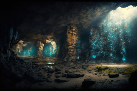 Tropical ancient cave ecosystem with bioluminescent glowing organisms. Interior of a hidden cavern in a subterranean environment. Rock formations with luminescent bio organisms. generative ai