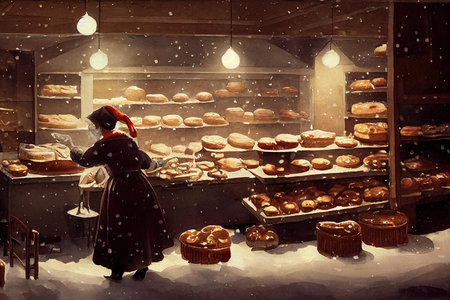 Open outdoor bakery in the winter time. Snowing outside and a baker handling baked goods in holiday season. Exterior of a bakery at night with loafs of bread and buns prepared for sale. Outdoor shop.の素材