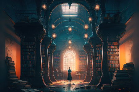 Gigantic library with infinite books and large bookshelves. Mysterious endless library in a cinematic concept art. High ceiling interior of a magical fantasy bookstore with millions of books.