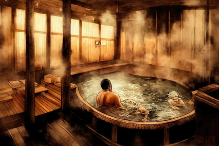 Digital illustration of a man relaxing and pampering in a traditional Japanese bathhouse. Surrounded by steam and hotness in a asian sauna concept art. Communal washhouse in Japan in cartoon style.の素材