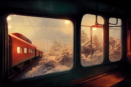 Interior of a train on a journey in winter with a window view to the outside. Gently snowing outside. Private compartment on a train wagon, travelling on an express train in a polar setting.の素材