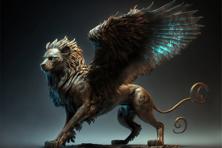 Mythical Chimera: lion head, serpent tail. Greek mythological beast composed of animal parts. Artwork featuring Chimera. generative aiの素材