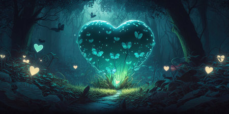 Magical forest filled with glowing butterflies and a heart. Romantic Valentine's day illustration featuring an enchanted woods at night. generative aiの素材