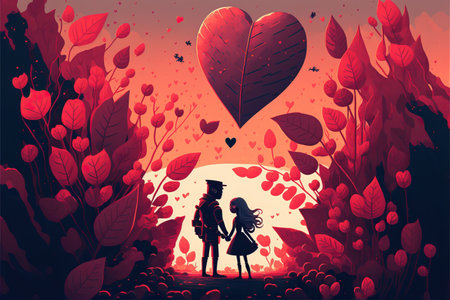 Romantic silhouette of two people standing under a big heart at sunset. Valentine's day postcard cartoon style illustration featuring two lovers surrounded by hearts. generative aiの素材