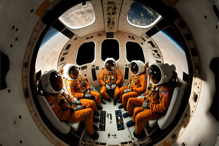 Inside of a tight space-shuttle. Astronauts sitting inside a spacecraft wearing spacesuits on a space mission. Interior of a spacecraft with the view to earth. generative aiの素材