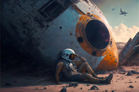 An astronaut resting against a crashed space shuttle in Mars. A broken space ship on the red planet with an Astronaut wearing a space suit. Concept art illustration of a crash in Mars. generative aiの素材