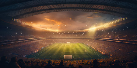Football stadium during a warm summer evening. An exhilarating soccer match with a large crowd watching the sports game. Full stadium.の素材