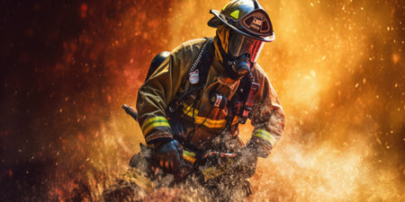 A brave firefighter in full gear, charging into a smoke-and fire filled building, backed by a cascade of cascading water and sparks flying around. generative aiの素材