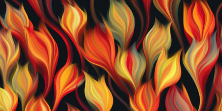 A flame stitch pattern composed of flaming red, orange, and yellow tulip blooms. Flower pattern of tulip flowers. generative aiの素材