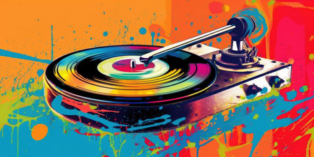 A vibrant pop art image of a vintage vinyl record player, with colourful music notes flowing out. generative aiの素材