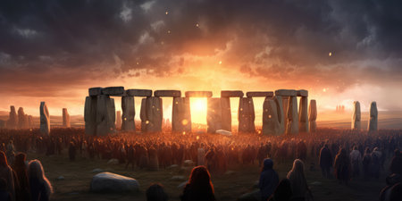 Stonehenge during a solstice celebration - Neolithic Art Style illustration of a historic monument at sunrise.の素材