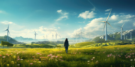 A woman walking among a wind turbine farm which harnesses renewable energy for a greener future. Wind turbines in the fields.の素材