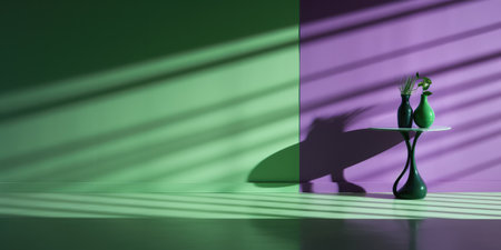 An abstract scene of shadows on wall with green and purple colours. Surreal shadows on a blank wall. Minimalist design.の素材