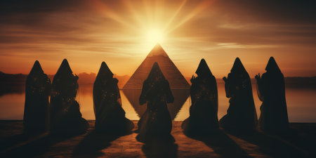 Egyptian priests performing sacred ceremonies, with the silhouette of pyramids in the background. Ancient Egypt and Egyptian Culture.の素材