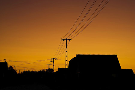 Sunset orange color in the rural town.の写真素材