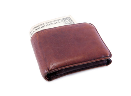 A brown leather wallet with a dollar 
