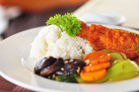 selected fried chicken with teasty souce and served with vetgetable and rice.の写真素材