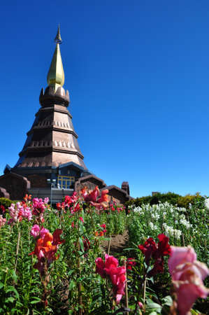 The Stupa Phra Mahathat Naphamethanidon at Doi Inthanon, the highest mountain of Thailand, amidst a beautiful garden. の写真素材