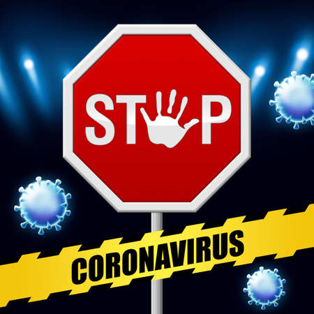 Stop Illustration with one hand and coronavirus and quarantine tapeの写真素材