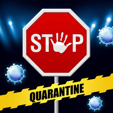 Stop Illustration with one hand and coronavirus and quarantine tapeの写真素材