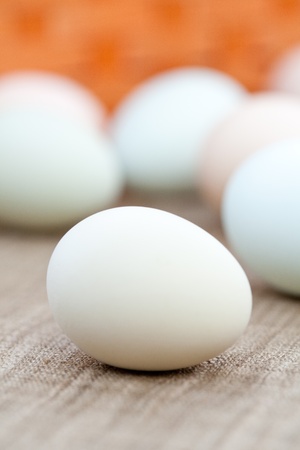 Close up of an organic eggs sitting on a table.の写真素材