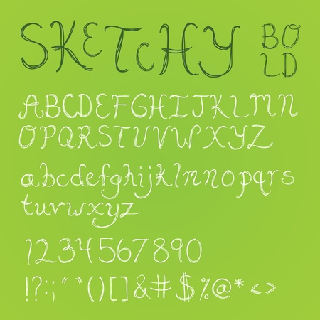Bold, thick handdrawn sketchy font with numbers, symbols, and upper and lowercase letters. のイラスト素材
