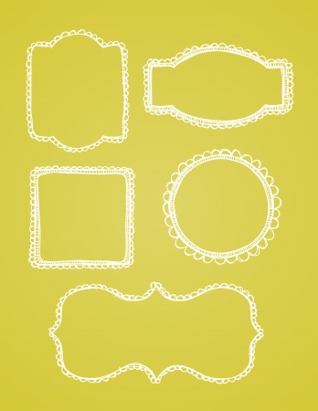 A set of vintage lace hand drawn borders are shown on a yellow background.のイラスト素材
