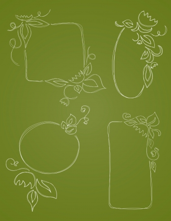 Four Vecor hand drawn borders embellished with flowers and leaves are shown on a green background.のイラスト素材