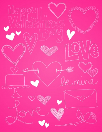 A collection of hand drawn valentines day sketches are shown on a pink background.のイラスト素材