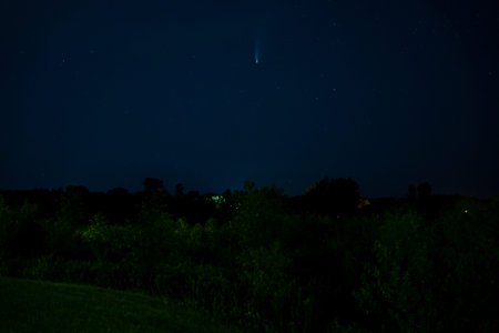 comet neowise in the night sky over trees rural minnesota